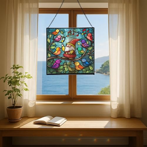 Gnome with Singing Birds Stained Glass Suncatcher – Square Hanging Window Panel for Home or Greenhouse – Whimsical Glass Art Gift for Garden Lovers, Christmas, Halloween, Father Days HJXeXZ - Image 6