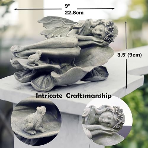 Garden Fairy Statue,Garden Sleeping Angel on Lotus Leaf with Bird Feeder Feature Outdoor Decor Sculptures Figurine Gardening Lawn - Image 2