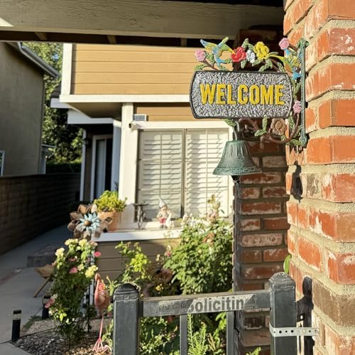 Vintage Cast Iron Welcome Sign with Functional Doorbell (13.5x11 inches) - Decorative Outdoor Wall Hanging with Hand-Painted Birds and Flowers HC7466 - Image 6