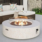 COSIEST Outdoor Propane Fire Pit Coffee Table w Beige 42 inch Round Base Patio Heater, Certified, 50,000 BTU Stainless Steel Burner, Wind Guard, Tank Outside, Free Lava Rocks, Waterproof Cover by COSIEST