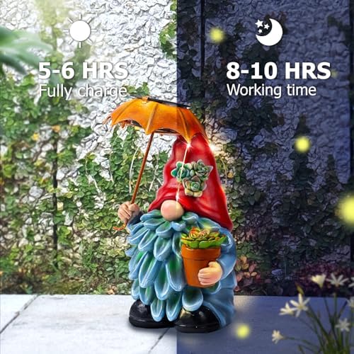 Solar Outdoor Statues Gnome Garden Decor, Garden Gnome with Solar LED Umbrella Decorative for Patio, Balcony, Lawn, Yard Ornament - Christmas Gardening Gifts for Mom Grandma - Image 4