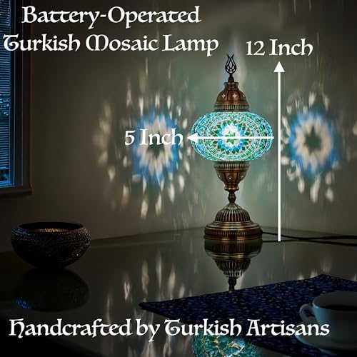 Turkish Moroccan Mosaic Battery-Operated Table Lamp – 12” H, 5” W, Portable Stained Glass Lantern for Indoor & Outdoor Use, Cordless Handmade Decorative Light for Bedroom, Patio & Camping, White Clear - Image 3