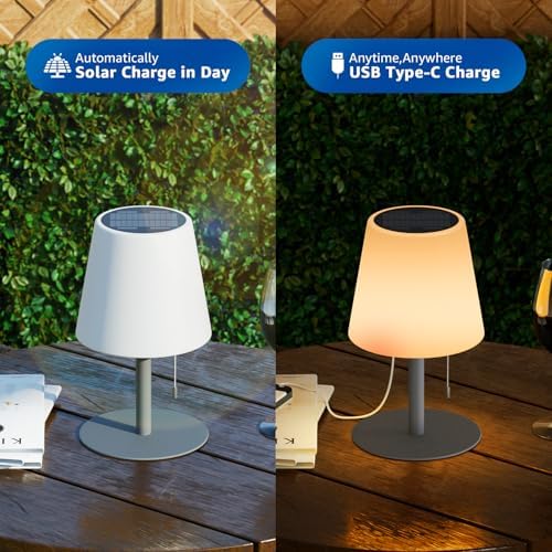 uuffoo Solar Lamp Outdoor Waterproof 8 Colors Rechargeable Cordless, Eye-Caring Dimmable Solar Lights LED Battery Operated Portable for Indoor Outdoor Garden Patio (Gray) - Image 2
