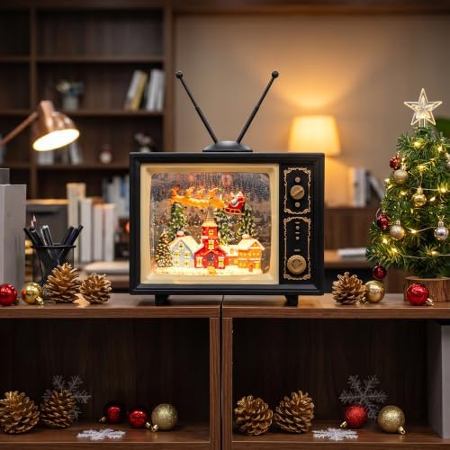 Vintage TV Christmas Snow Globe Lantern with Santa Sleigh and Christmas Village, Musical Lighted Water Lantern with Swirling Glitter, 6H Timer, USB Powered or Battery Operated, Tabletop Decor Gift - Image 7