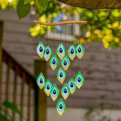 Handmade Peacock Feathers Glass Wind Chimes – Sea Glass Garden Windchimes for Outside, Hand-Painted Glass Suncatcher, Durable by Unknown