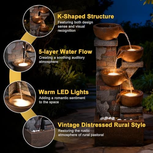 5 Tiers Water Fountain Outdoor Garden - 33.5" H Shape K Waterfall Fountain - Image 3