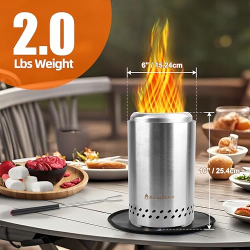 Spinning Flame Tabletop Fire Pit by AmazStove, Low Smoke Stove Outdoor Safe Burning Firepits, Fueled Pellets or Wood, Travel Bag&mat&Forks Included, 10 x 6 Silver - Image 3
