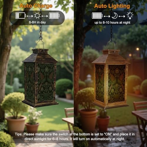 Solar Lantern Outdoor Garden Hanging Lantern Vintage Botanical Green Birds Floral Foliage Dark Waterproof Solar Powered Lighting Outside Table Lamp for Patio Deck Yard Camping - Image 4