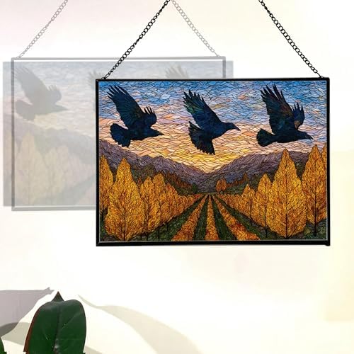 Crows Flying Over Autumn Orchard Rectangular Stained Glass Suncatcher – Hanging Window Panel with Animal & Nature Scene – Vibrant Glass Art Gift for Wildlife, Fantasy, Nature Lovers emGCYx - Image 3