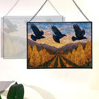 Crows Flying Over Autumn Orchard Rectangular Stained Glass Suncatcher – Hanging Window Panel with Animal & Nature Scene – Vibrant Glass Art Gift for Wildlife, Fantasy, Nature Lovers emGCYx - Image 3