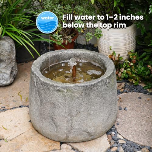 Tankana Compact Round Faux Stone Trough Water Fountain Outdoor Bubbler Water Feature Indoor with Solid Copper Tubing & Hidden Pump, Cottage Garden Yard Patio Entryway Meditation Fountain, Gray - Image 4