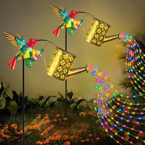 Solar Hummingbird Watering Can Garden Light,Warm White LED String Light,Outdoor Lawn Decorative Floor Lamp,Colorful Metal Crafts - Image 3