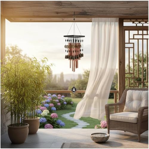 Outdoor Hanging Bell Wind Chime Copper Tube Chime Garden Ornament Balcony Patio Decor Solid Wood Aluminum Gentle Soothing Sound Polished Tubes Rustic - Image 2