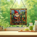 Gnome with Insect Hotel Stained Glass Suncatcher – Square Hanging Window Panel for Home, Garden, Nursery, Halloween, Christmas, Memorial Day – Whimsical Glass Art Gift for Gnome Lovers zyi931 - Image 2