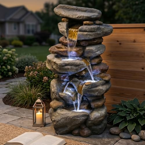 Outdoor Water Fountain with LED Lights, 30" Stacked Rock Cascading Water Feature, Freestanding Garden Fountain for Patio, Backyard, Balcony, Deck, Porch, Housewarming Gift by Unknown