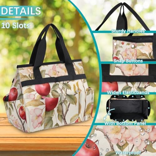 Apples Flowers Garden Tool Bag Tote for Men Women Multiple Pockets Wide Mouth Heavy Duty Waterproof Tool Organizer Bag for Outdoor Lawn Yard Portable Gardening Storage With Elasticbands - Image 4