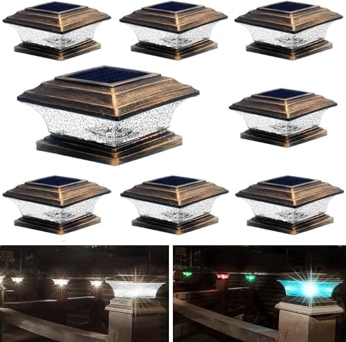 HUYIENO Solar Post Cap Lights Outdoor LED Lighting Deck Fence Light Two Modes Warm White/7 RGB Color Changing Suitable for 4x4 5x5 Wooden Posts (Brushed Copper, 8pk), HY1238 by HUYIENO