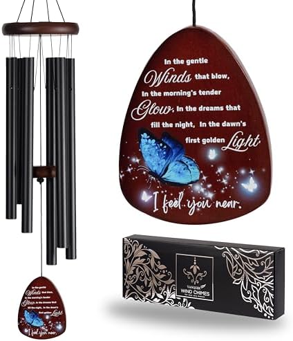 Memorial Wind Chimes for Loss of Loved One, Windchimes in Memory of a Loved One, Sympathy Gift Baskets, Bereavement Condolence Gifts, Memorial Gifts for Loss of Mom, 32" Sympathy Blue Butterfly, Black by Vanquer