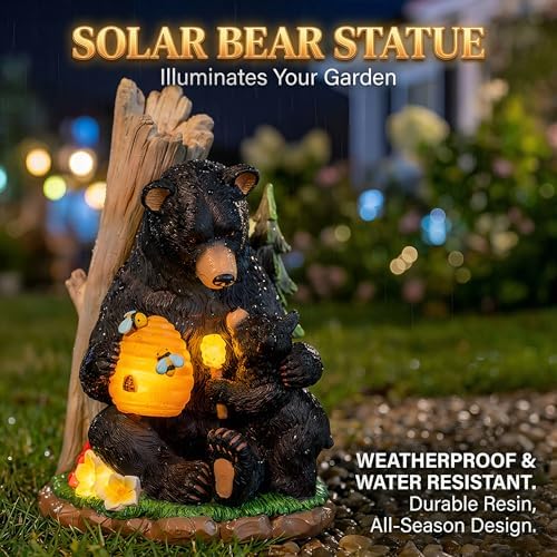 C&Y&G&X Solar Bear Garden Statue Lights, Black Bear & Cub Outdoor Resin Yard Decor for Patio Porch Lawn, Solar Garden Figurine with Light-Up Beehive, Housewarming Gifts for Garden Lovers - Image 4
