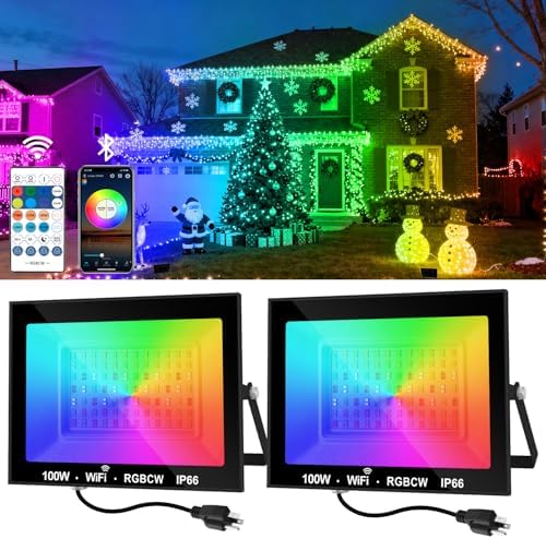 RGB LED Flood Light Outdoor 1000W Equivalent, 100W Bluetooth RGBCW Smart Floodlights 2700K, 16 Million Color Changing, Timing, Music Sync, IP66 Waterproof Landscape Light with US Plug (2 Pack) by CREPOW