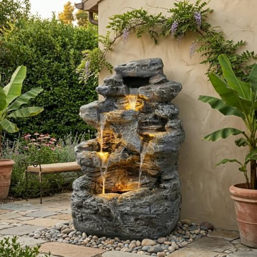 23.85" 5-Tier Concrete Fountain with LED Lights, Natural Rock Design - Image 2