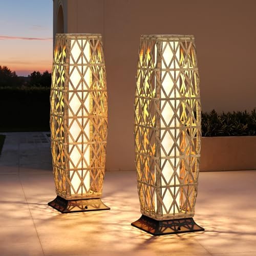 Solar Yard 2-Piece Outdoor Floor Lamp Solar Lantern, Water-Resistant Wicker Boho Patio Light with 50&100 Lumens Dual Brightness for Garden Porch Deck Decor, Large Cindy Natural - Image 7