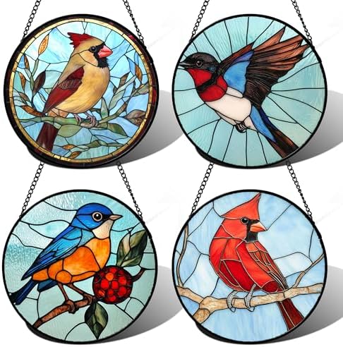 Stained Glass Window Hanging 4 Pcs Set Cardinal Blue Birds 9.8" - Suncatcher Door Garden Sun Catcher Decor Birthday Mother's Day for Bird Lovers Men Woman Nana Friend by amderven