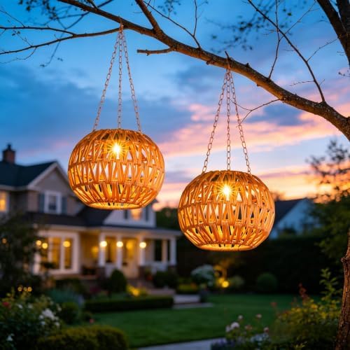 Solar Hanging Lanterns Outdoor Waterproof, 2 Pack Hanging Solar Lights for Outside with 7.25in Boho Lantern, Outdoor Rattan Chandelier Lights for Porch Decor Tree Garden Gazebo Patio Backyard Gifts by ALLFORTUNE