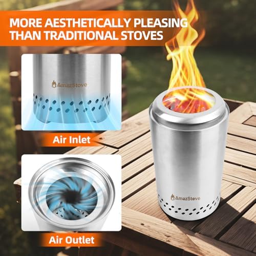 Spinning Flame Tabletop Fire Pit by AmazStove, Low Smoke Stove Outdoor Safe Burning Firepits, Fueled Pellets or Wood, Travel Bag&mat&Forks Included, 10 x 6 Silver - Image 4