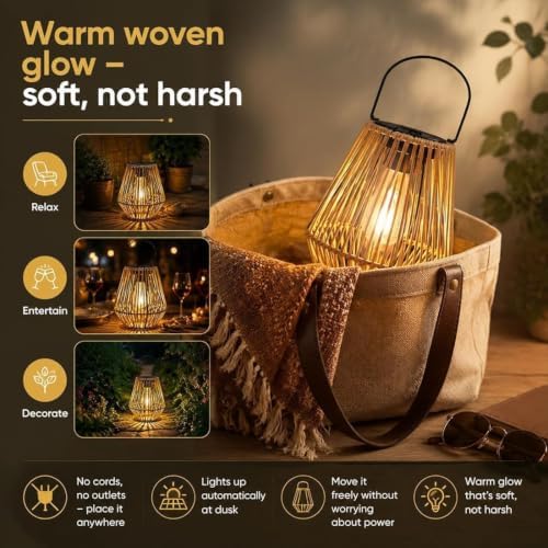 Handwoven Rattan Solar Lanterns, Waterproof Outdoor Hanging Solar Lanterns with Handles, Boho Ambient Lights for Garden, Patio, Yard, Porch, Pathway & Table Decor (2) - Image 4