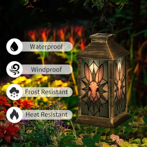 Solar Lantern Stained Glass Rabbit Wall Art Outdoor Waterproof Garden Hanging Lantern Solar Powered Lighting Outside Solar Light for Patio Yard Camping, Gifts for Women Mom - Image 3