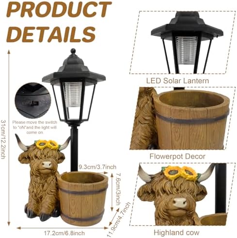 Highland Cow Garden Outdoor Statues with Solar Lights and Flowerpot Decor Animal Figurines Sculptures Resin Outdoor Statues for Patio Yard Lawn Balcony Mom Grandma Gifts - Image 2
