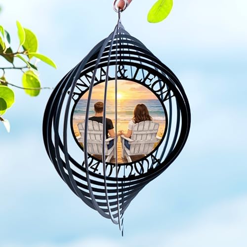 Personalized Beach Sunset Couple Wind Spinner, Custom Names & Date Metal Hanging with Photo Seaside Art, Outdoor Garden Yard Window Home Decor, Gifts for Anniversary, Valentine by Handmadetneonsign
