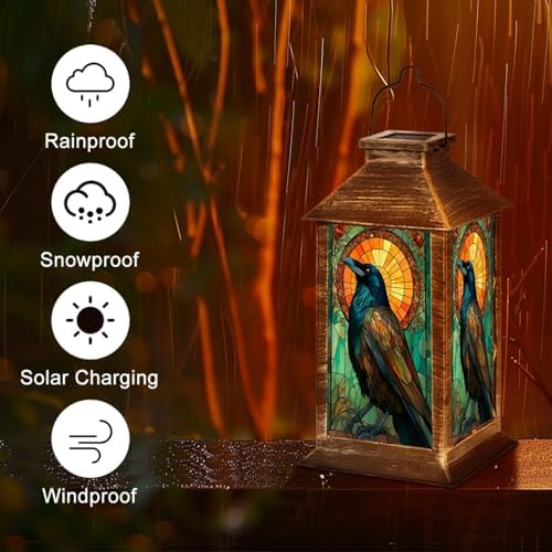 Solar Lantern Stained Glass Raven Vibrant Feathers Golden Sun Wildlife Art Outdoor Waterproof Hanging Solar Light Outside Lights for Patio Yard House Lawn Decor Birthday Gifts for Women Mom - Image 5