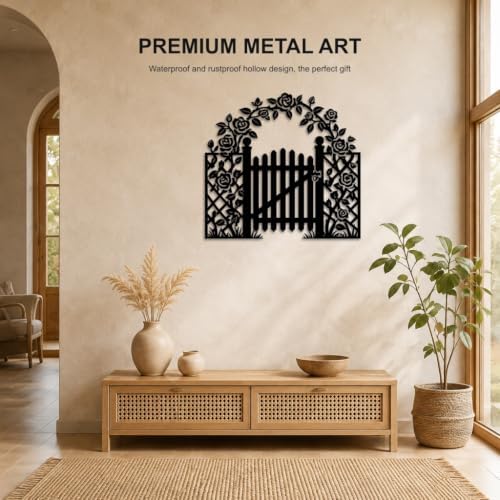 Rose Garden Gate Metal Wall Art WallArt Decor Metal Signs Metal Outdoor Decor Elegant Farmhouse Rustic Style Wall Sculpture Hanging Plaque Ornament Home Decoration for Living Room Bedroom (Black,20inch) - Image 2