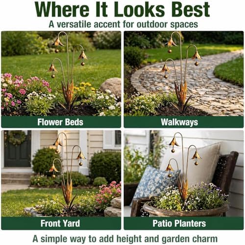 Triple Bluebells Garden Stake with Bell, Flamed Copper Three Calla Lilies Garden Stake, Metal Flower Outdoor Yard Decoration, Weather Resistant Rustic Handmade Wind Bell Stakes for Lawn Patio (B) - Image 6