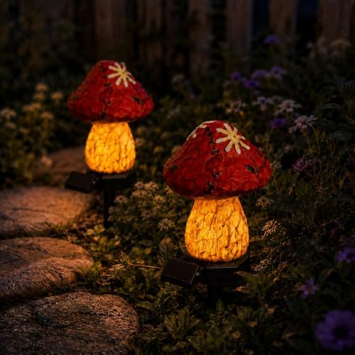 Solar Mushroom Lights Outdoor, 2 Pack Waterproof Decorative Garden Pathway Lights, Hand-Painted Resin Fairy Garden Decor for Yard Lawn Patio Walkway, Unique Gift for Women Garden Lovers by Unknown