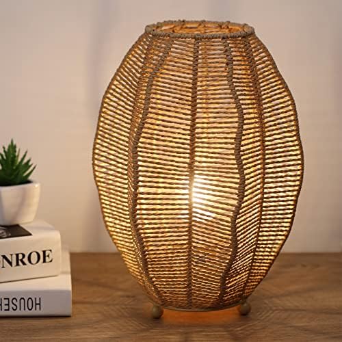 Rattan Woven Side Table Lamp for Bedroom Living Room, Boho Coastal Lamp Farmhouse Nightstand Lamp Tripod Desk Lamps Mid Century for Beach Room Kids Room Cafe Bar by Sainsbarry