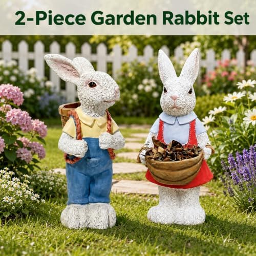 2pcs Bunny Garden Statues, 16.14in Resin Weatherproof Outdoor Decor - Image 4