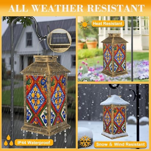 Solar Lantern Outdoor Waterproof Mexican Talavera Ceramic Tile Seamless Ethnic Folk Ornament Italian Garden Decor LED Hanging Solar Lights Tabletop Lamp Gifts for Women Mom Outside Yard Patio Porch - Image 3
