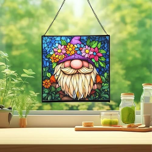 Gnome with Flower Crown Stained Glass Suncatcher – Square Hanging Window Panel for Home or Greenhouse – Whimsical Glass Art Gift for Garden Lovers, Christmas, Halloween, Father Days 1fhnsj - Image 2