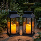 Tomshine 2 Pack Solar Flame Lanterns Outdoor Weatherproof, Hanging Black Rust-Proof Solar Lantern with Tempered Glass Shade, Flickering Flameless Candles for Patio Garden Decor by Tom-shine