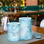 ALAZA Aqua Blue Gold Marble Textures Flameless Candles, LED Pillar Candles with Remote Timer, Battery Operated Candles Set of 2 - Image 3