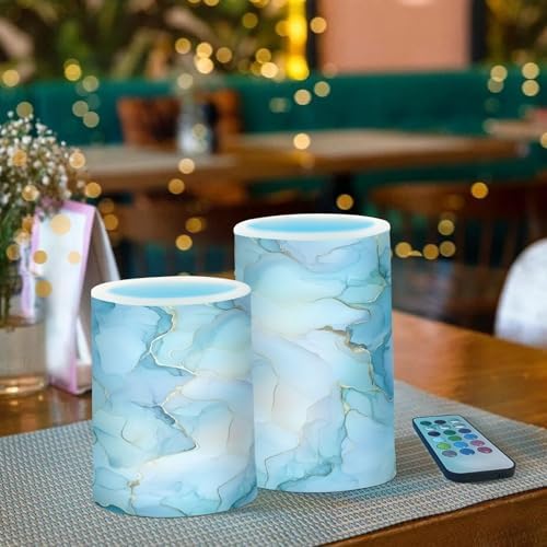 ALAZA Aqua Blue Gold Marble Textures Flameless Candles, LED Pillar Candles with Remote Timer, Battery Operated Candles Set of 2 - Image 3