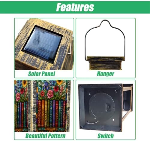 Solar Lantern Colorful Stained Glass Style Bookshelf Flowers Botanical Outdoor Waterproof Hanging Solar Light Outside Lights for Patio Yard House Lawn Decor Birthday Gifts for Women Mom - Image 3