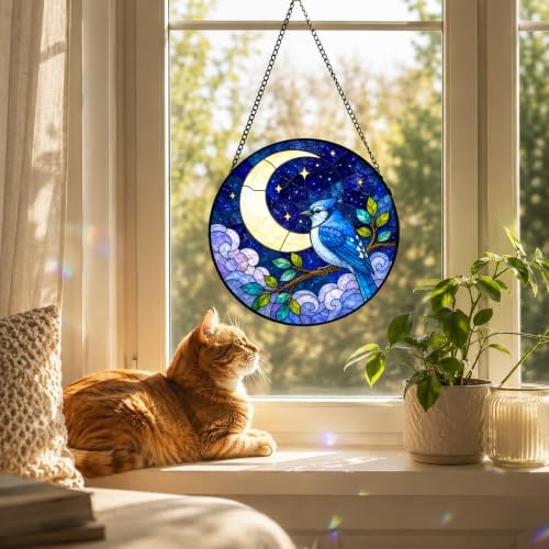 Blue Jay Moon Stained Glass Window Hanging with Metal Chain - Image 4