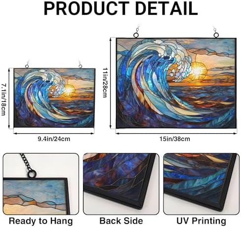 Rectangle Art Nouveau Spiral Great Wave Stained Glass Window Hanging, 15" W X 11" H Stained Glass Panel with Chain, Suncatchers for Windows Hanging Decorations, Gifts for Mom, Grandma - Image 3