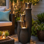 33" Faux Rattan Vase Water Fountain Outdoor with Warm LED Lights, Brown by Ultym