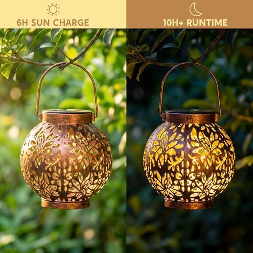 JOIEDOMI 2 Pack Outdoor Solar Hanging Lantern Lights, Waterproof Tabletop with Handle, LED Moroccan Lanterns, Metal Decorative Garden Solar Lights Spring for Patio, Lawn, Porch, Backyard - Image 3