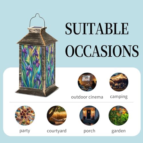 Solar Lantern Irises Hand Cut Stained Glass Purple Green Blue Leaves Organic Outdoor Waterproof Garden Hanging Lantern Solar Powered Lighting Outside Table Lamp for Patio Deck Camping 1 Pack - Image 5